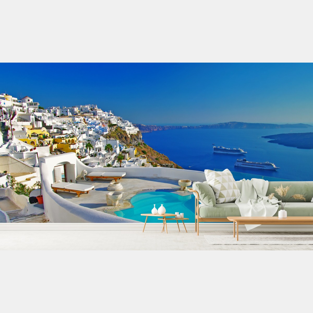 Wall mural Santorini cliffside sea view with pool • Wallissimo®