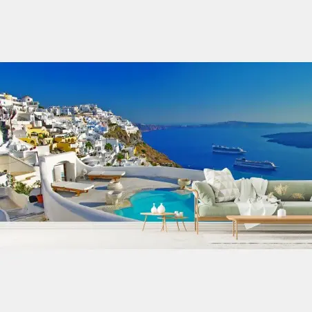 Wall mural Santorini cliffside sea view with pool • Wallissimo®