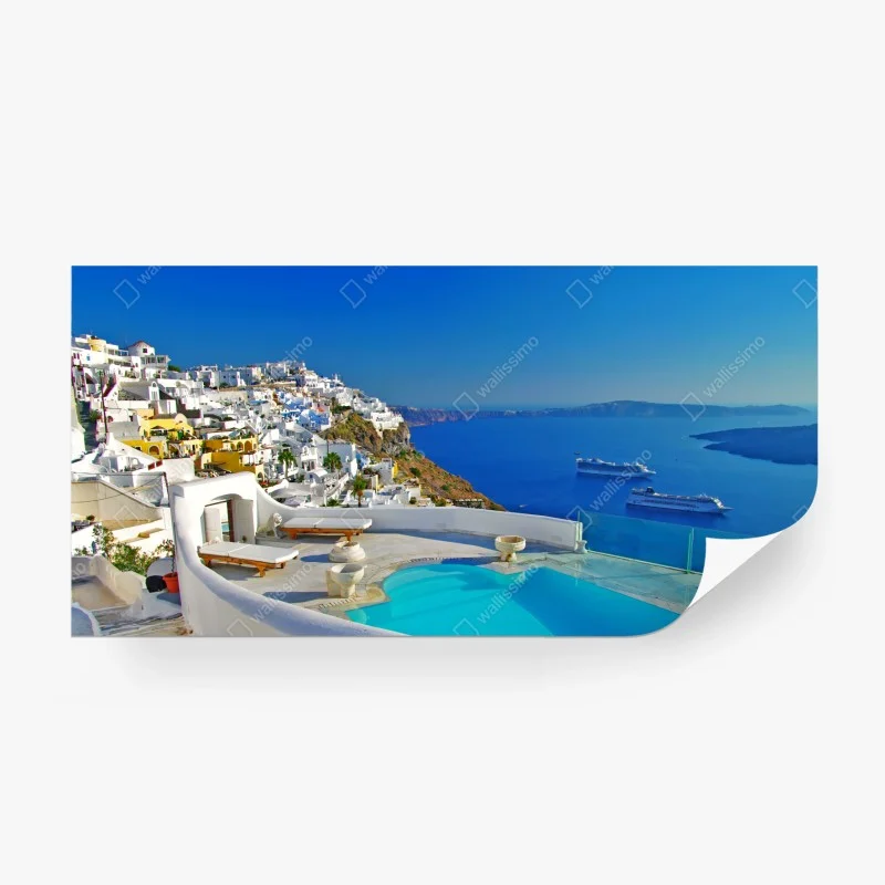 Wall mural Santorini cliffside sea view with pool