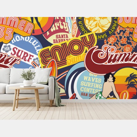 Wall mural retro surf sticker collage • Wallissimo®