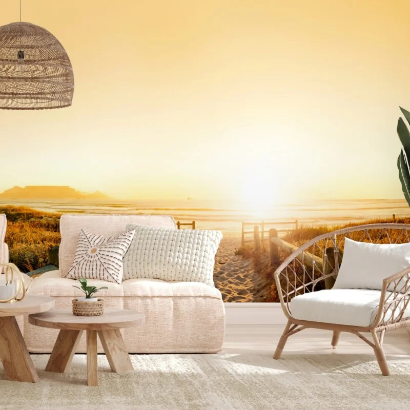 Wall mural golden sunset beach panorama with Table Mountain