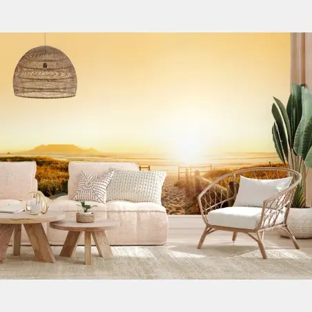 Wall mural golden sunset beach panorama with Table Mountain • Wallissimo®