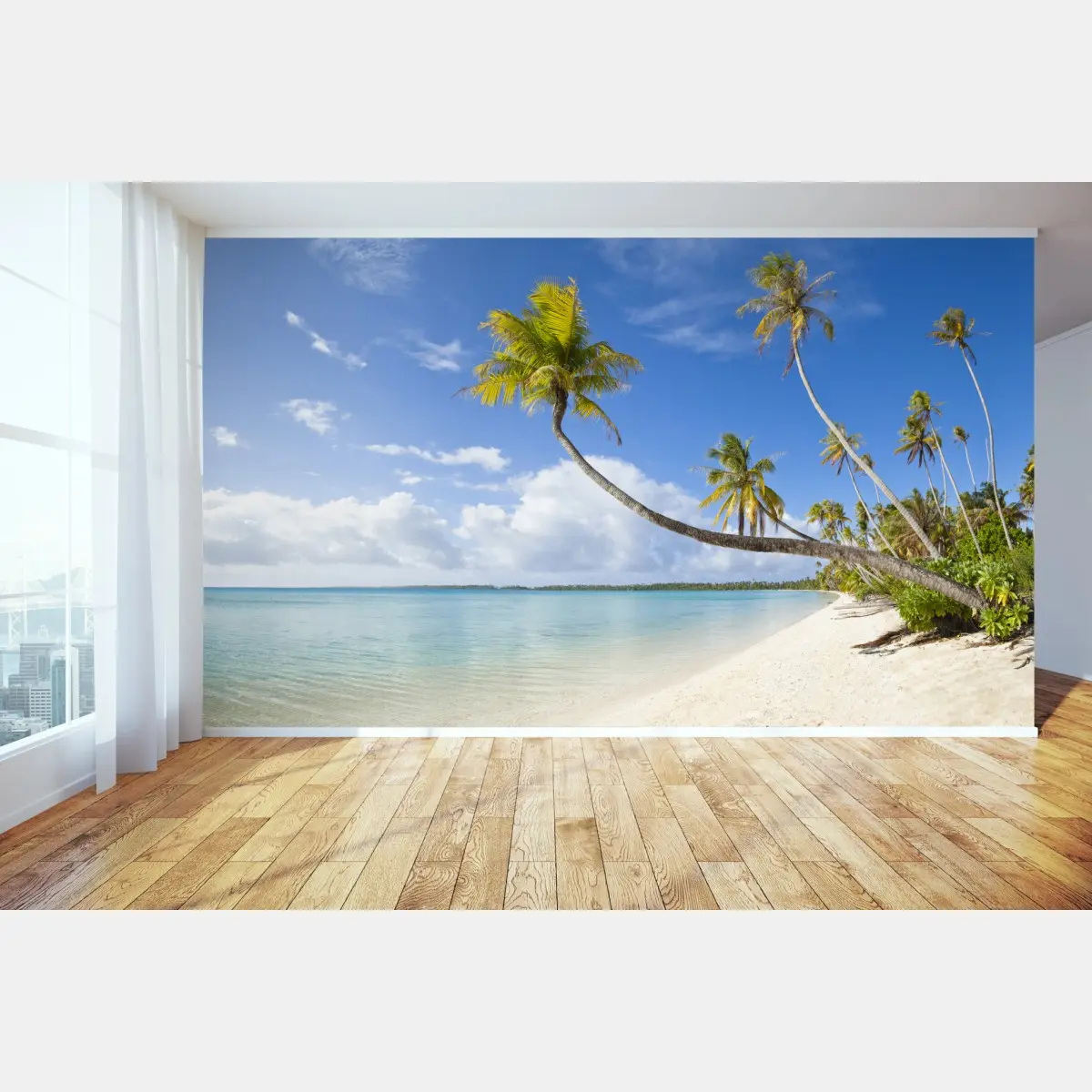 Wall mural tropical turquoise beach with leaning palm • Wallissimo®