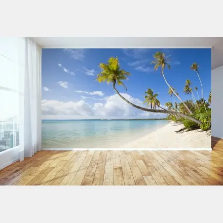 Wall mural tropical turquoise beach with leaning palm • Wallissimo®