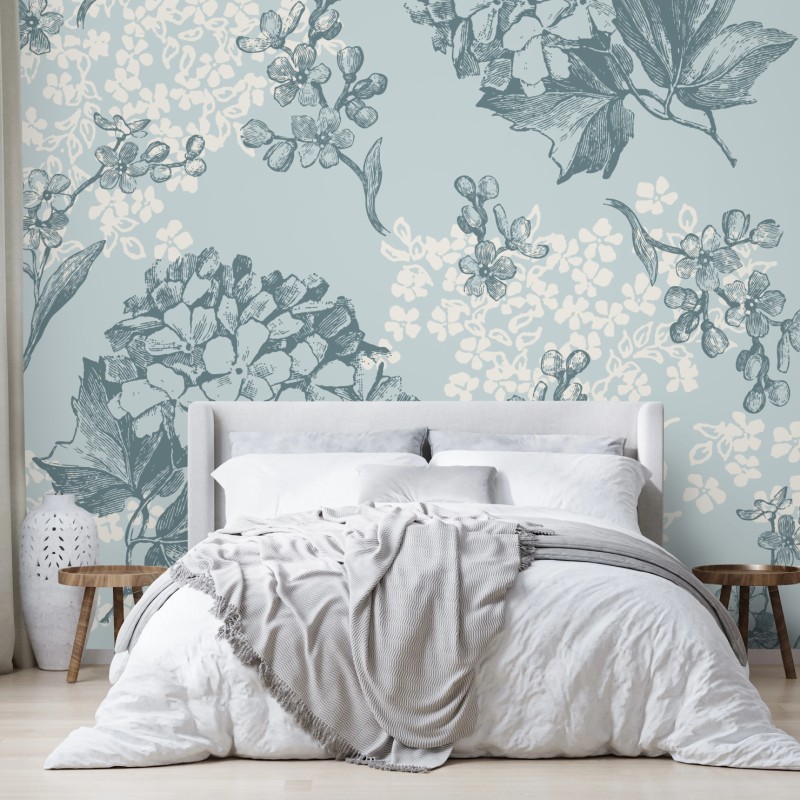Wall mural soft pastel hydrangea botanical pattern