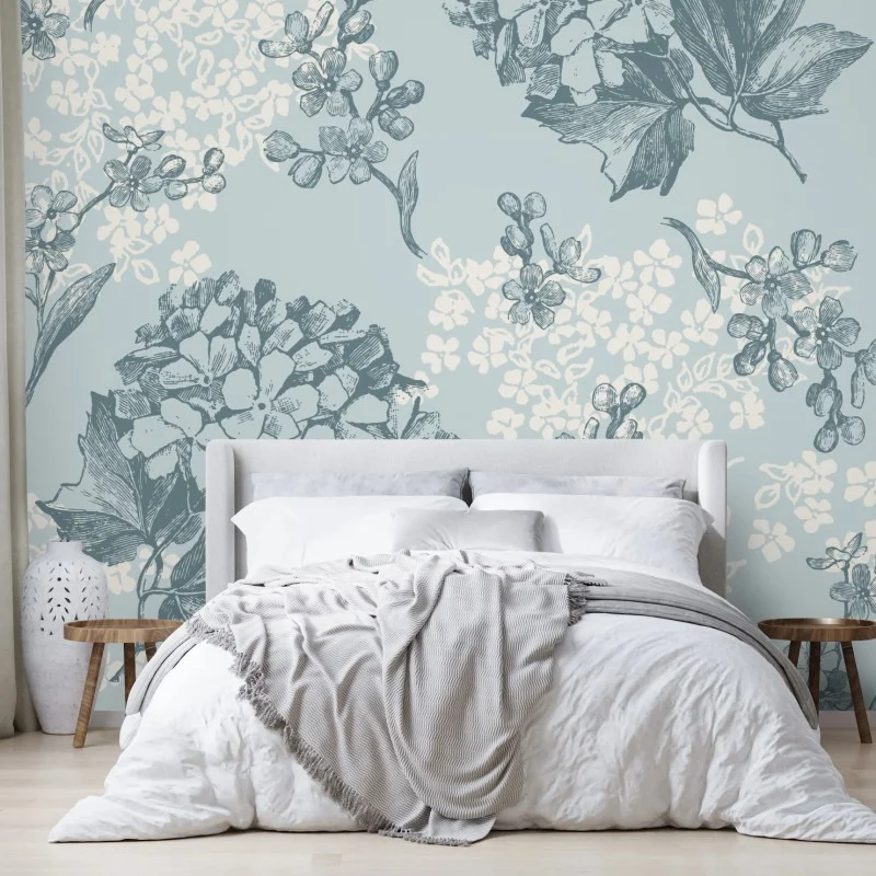 Wall mural soft pastel hydrangea botanical pattern