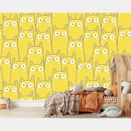 Wall mural playful yellow cat pattern • Wallissimo®