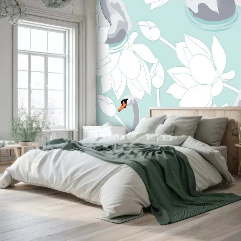 Wall mural serene swans and lotus pattern