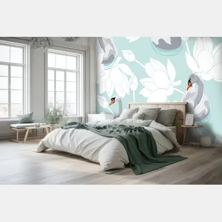Wall mural serene swans and lotus pattern • Wallissimo®