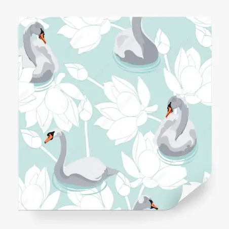 Wall mural serene swans and lotus pattern • Wallissimo®