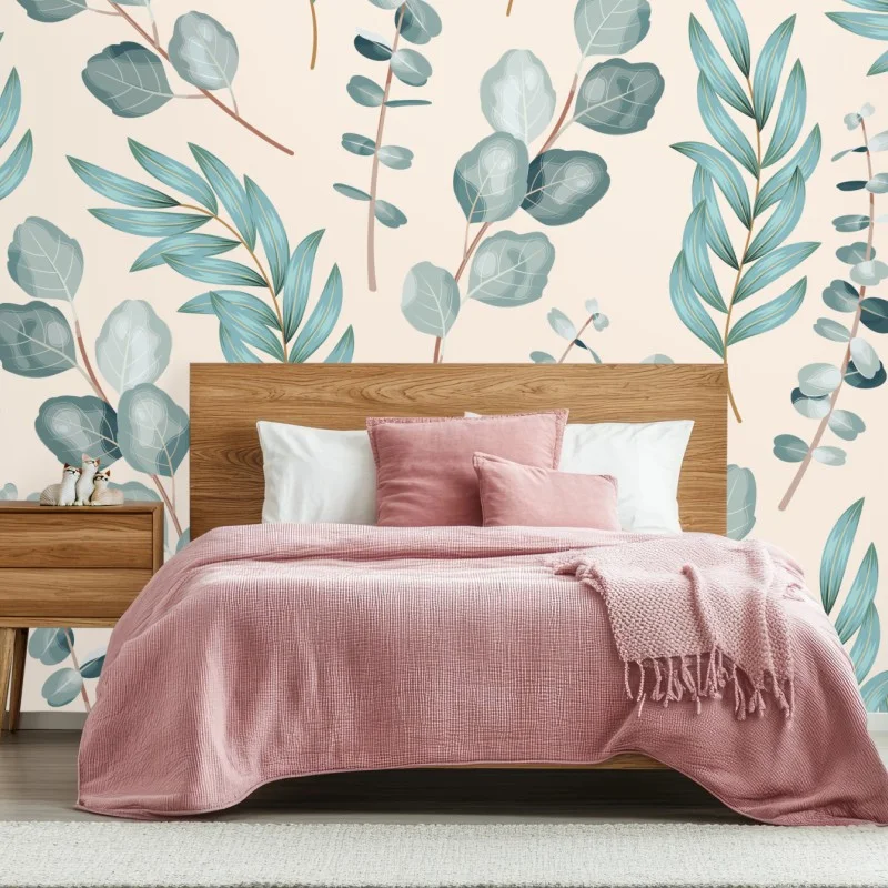 Wall mural pastel eucalyptus leaf pattern