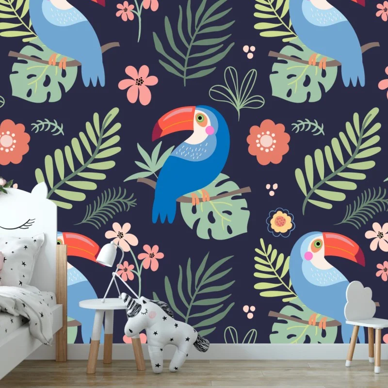 Wall mural tropical toucan pattern on navy