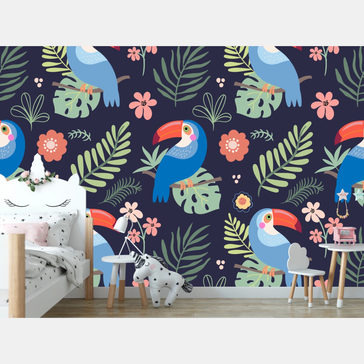 Wall mural tropical toucan pattern on navy • Wallissimo®