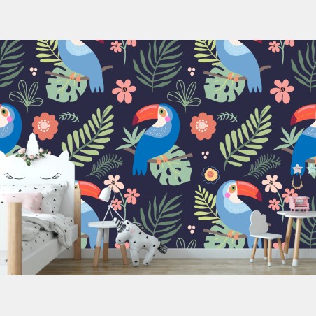 Wall mural tropical toucan pattern on navy • Wallissimo®
