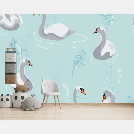 Wall mural gentle swans on a turquoise pond • Wallissimo®