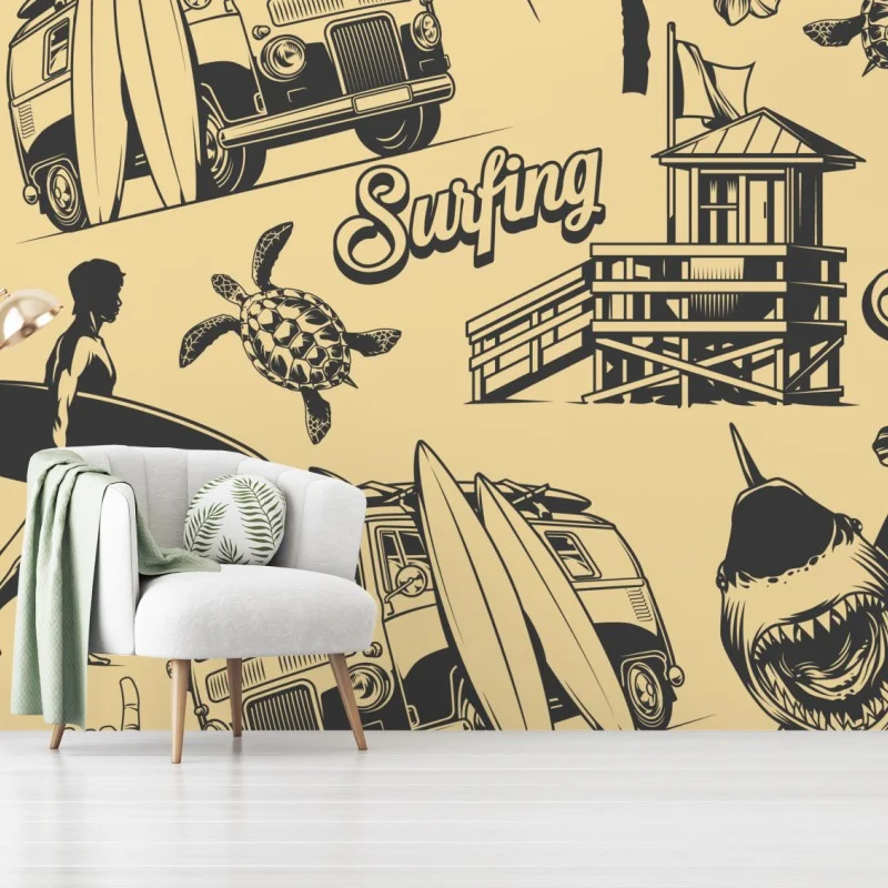 Wall mural retro surf pattern with van and waves