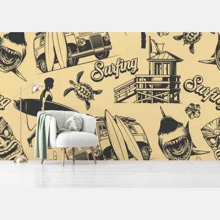 Wall mural retro surf pattern with van and waves • Wallissimo®