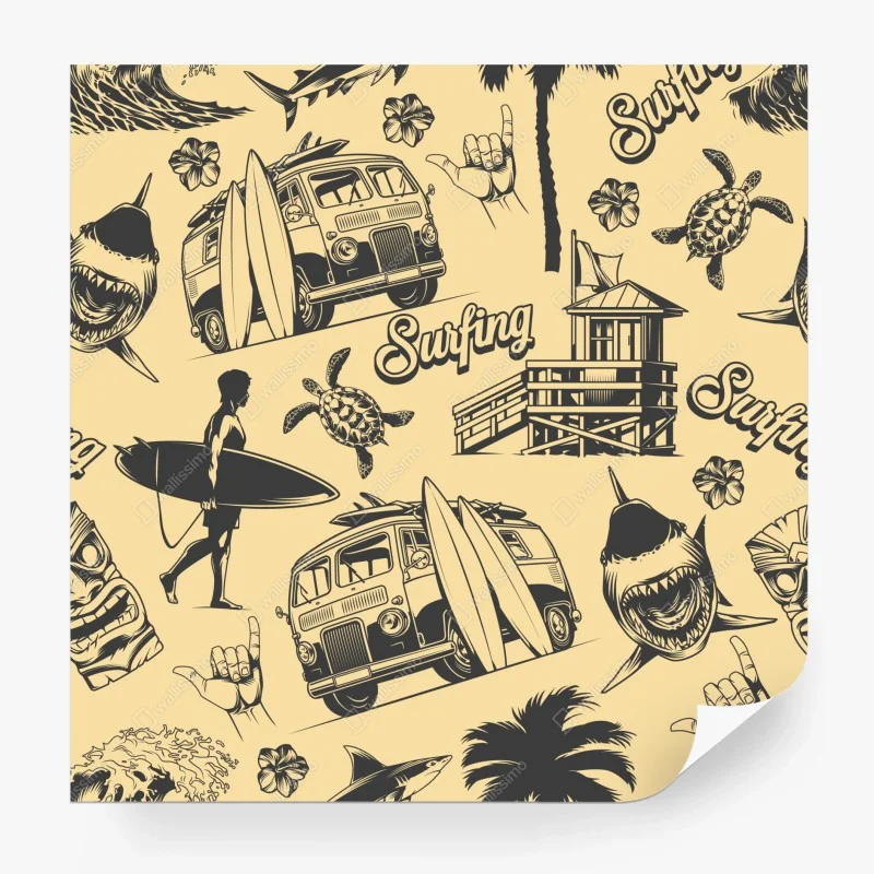 Wall mural retro surf pattern with van and waves