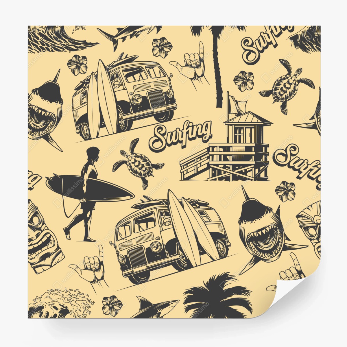Wall mural retro surf pattern with van and waves ⁕ Wallissimo®
