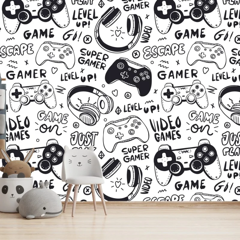 Wall mural gaming doodle pattern with controllers