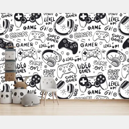Wall mural gaming doodle pattern with controllers • Wallissimo®