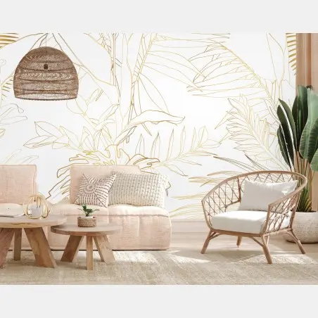 Wall mural gold tropical leaves line art • Wallissimo®