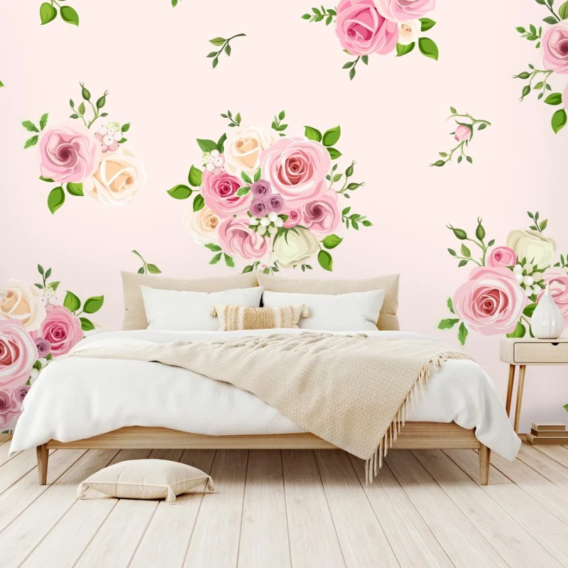 Wall mural delicate pink rose bouquet pattern