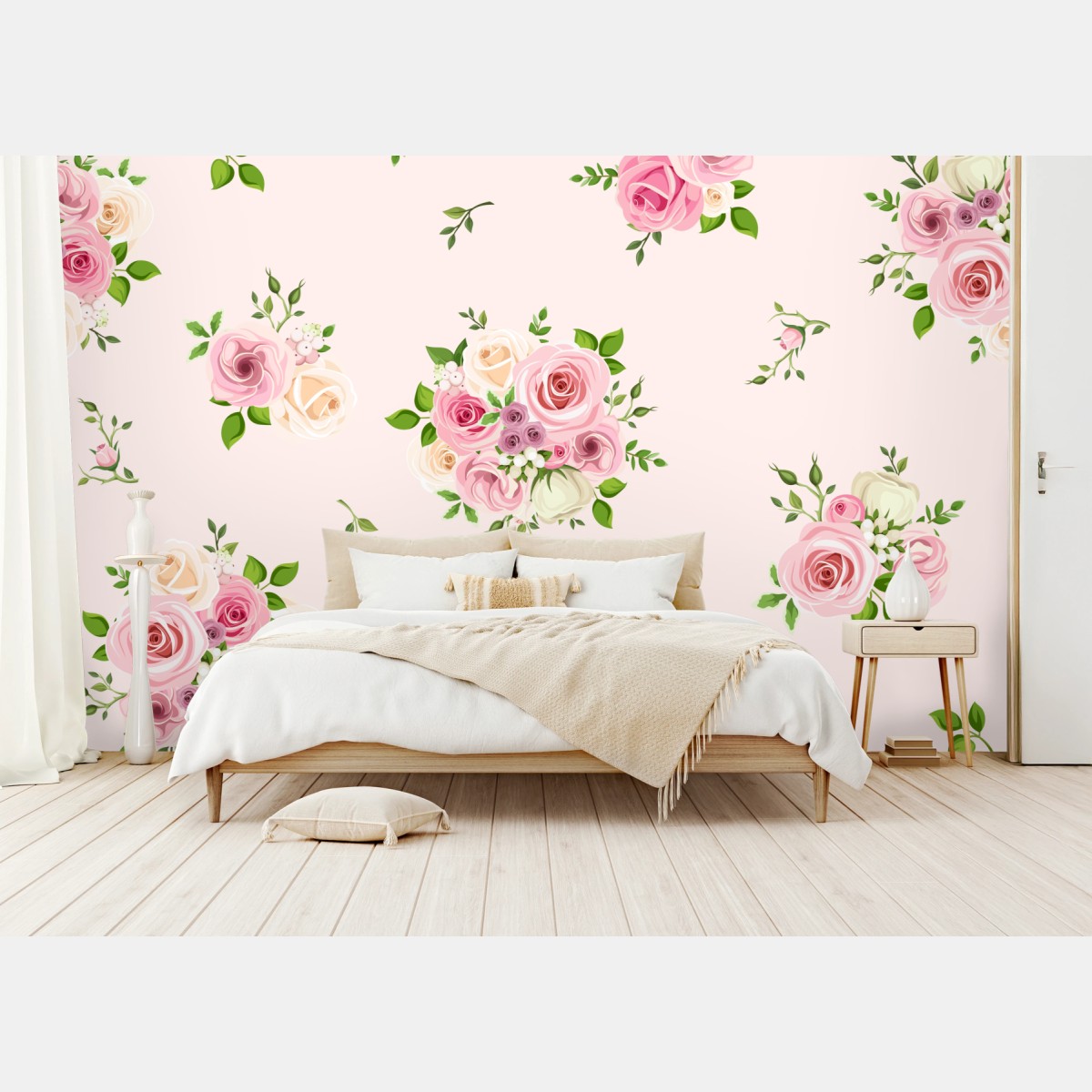 Wall mural delicate pink rose bouquet pattern • Wallissimo®