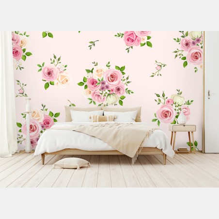 Wall mural delicate pink rose bouquet pattern • Wallissimo®