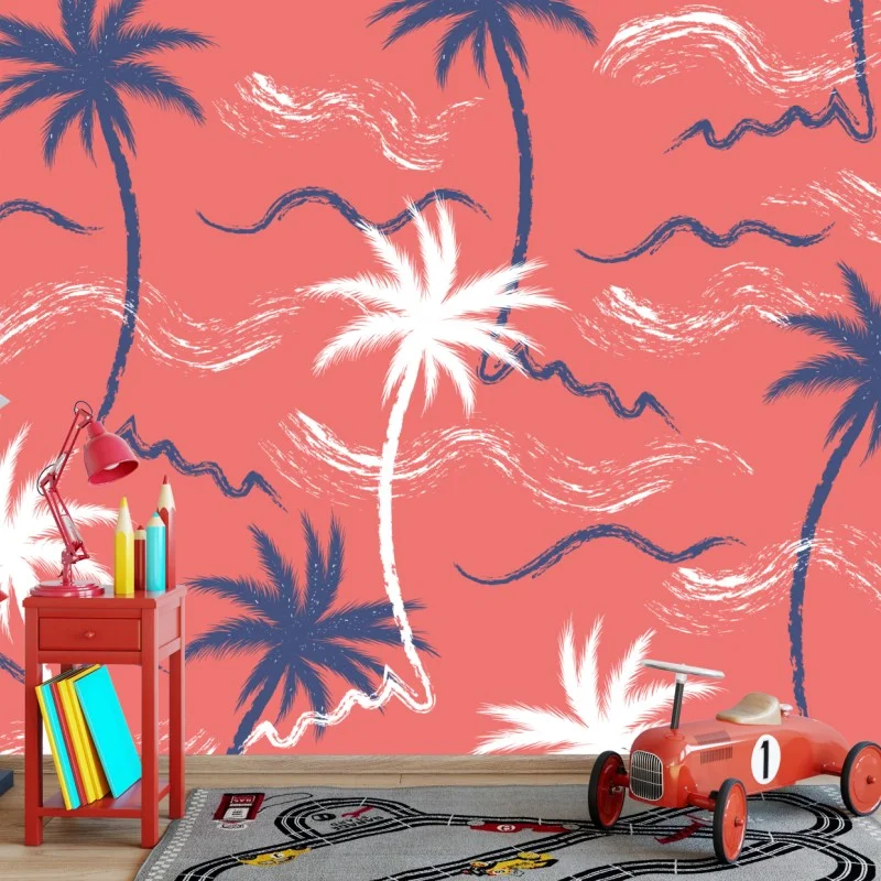 Wall mural tropical palm pattern in coral and navy