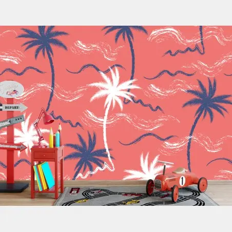 Wall mural tropical palm pattern in coral and navy • Wallissimo®