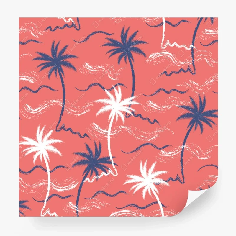 Wall mural tropical palm pattern in coral and navy