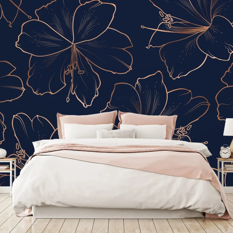Wall mural navy and gold floral line art print