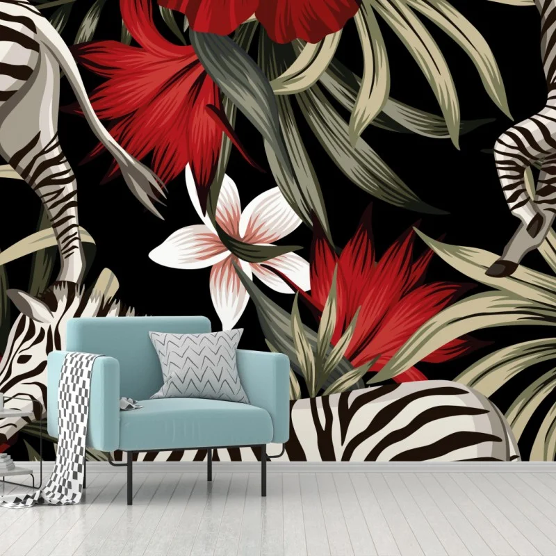Wall mural tropical zebra floral pattern