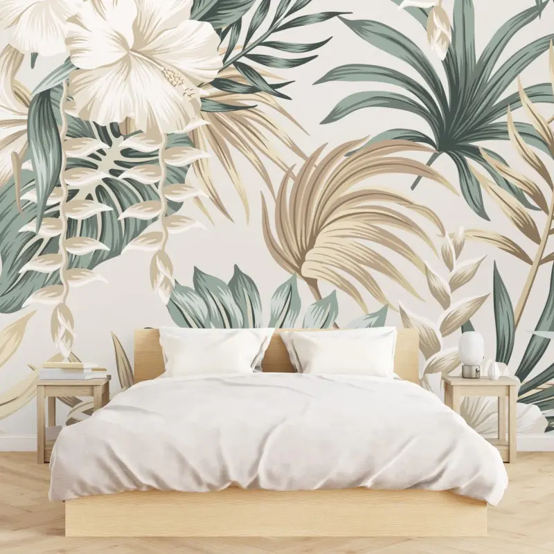 Wall mural soft tropical hibiscus botanical print