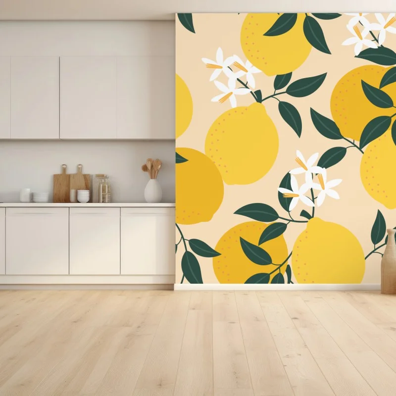 Wall mural bright lemon botanical pattern