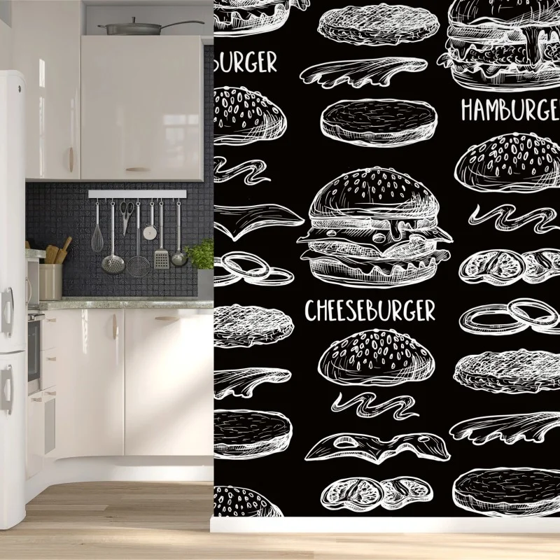 Wall mural hand-drawn burger pattern on black background