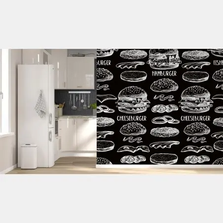 Wall mural hand-drawn burger pattern on black background • Wallissimo®