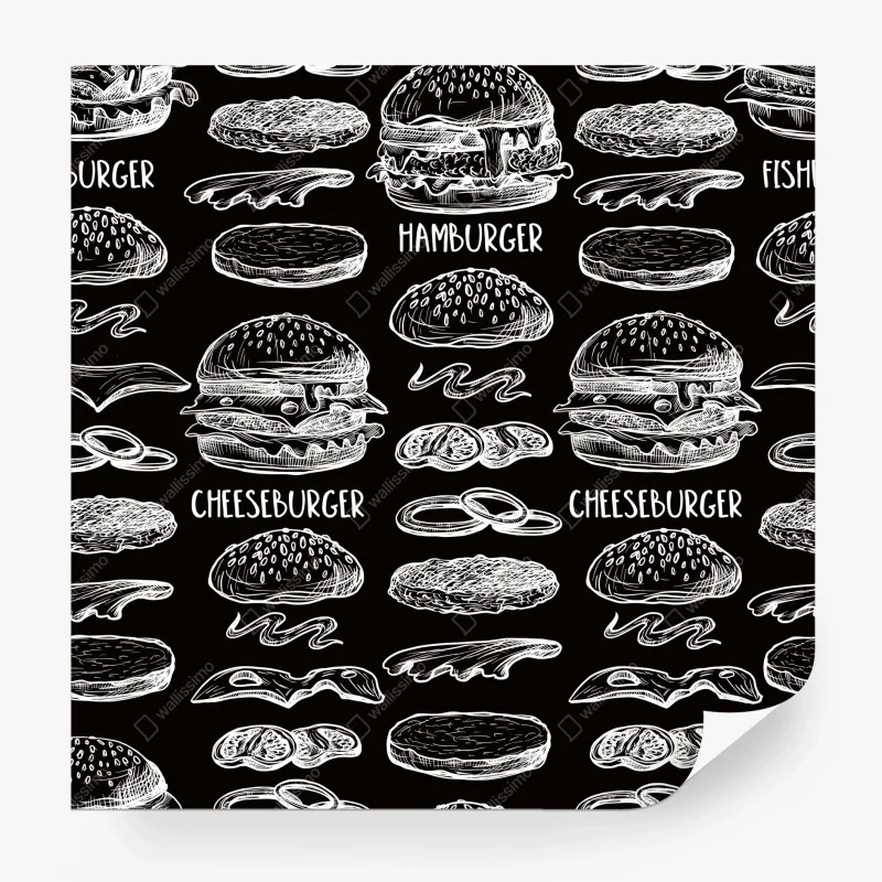 Wall mural hand-drawn burger pattern on black background