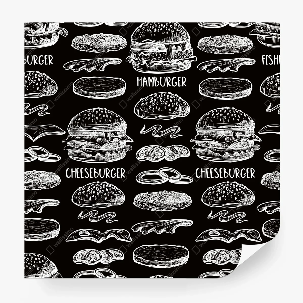 Wall mural hand-drawn burger pattern on black background ⁕ Wallissimo®