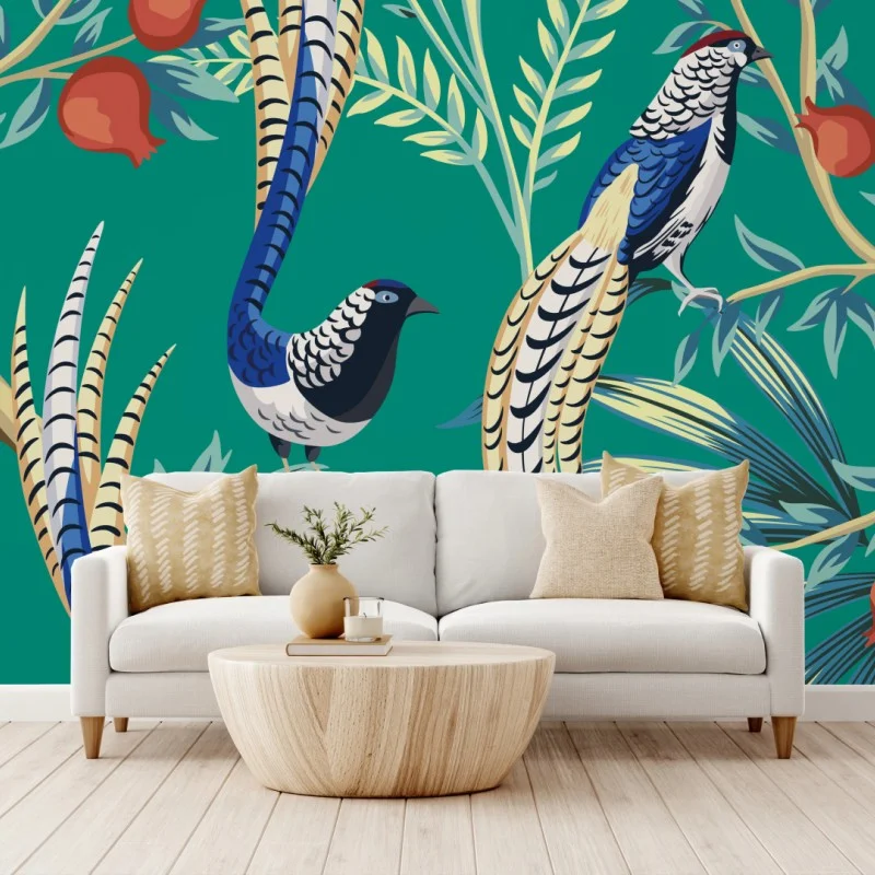 Wall mural exotic bird and pomegranate pattern
