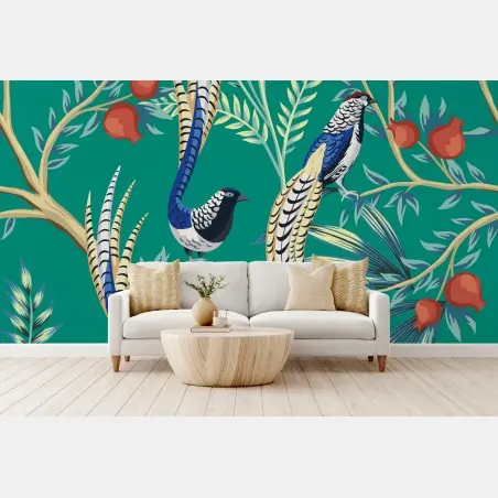Wall mural exotic bird and pomegranate pattern • Wallissimo®