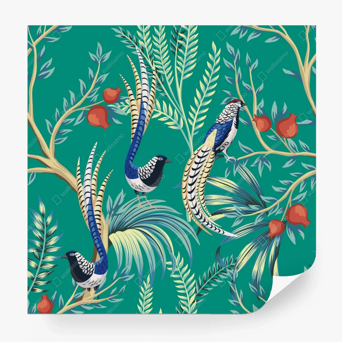 Wall mural exotic bird and pomegranate pattern ⁕ Wallissimo®
