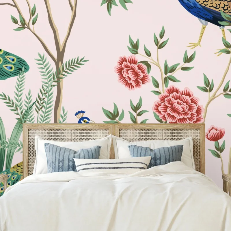 Wall mural elegant peacock and floral pattern on pink