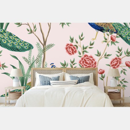 Wall mural elegant peacock and floral pattern on pink • Wallissimo®
