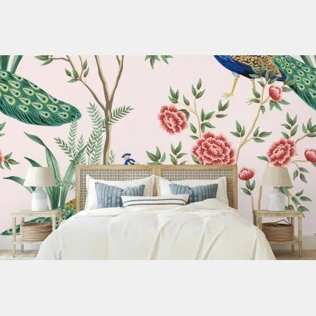 Wall mural elegant peacock and floral pattern on pink • Wallissimo®