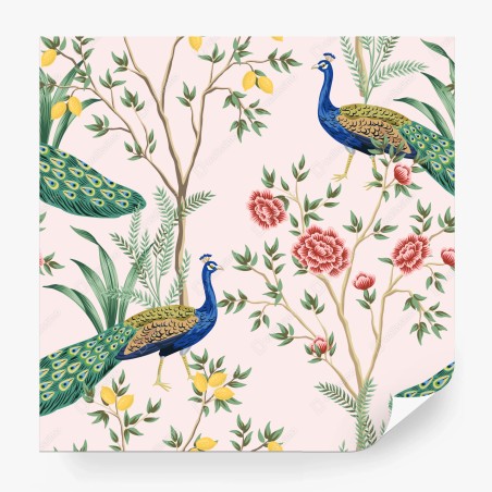 Wall mural elegant peacock and floral pattern on pink • Wallissimo®