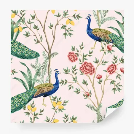 Wall mural elegant peacock and floral pattern on pink • Wallissimo®