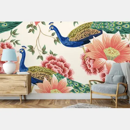 Wall mural elegant peacock floral wallpaper pattern • Wallissimo®