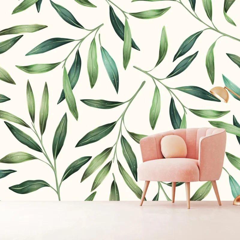 Wall mural green watercolor foliage pattern